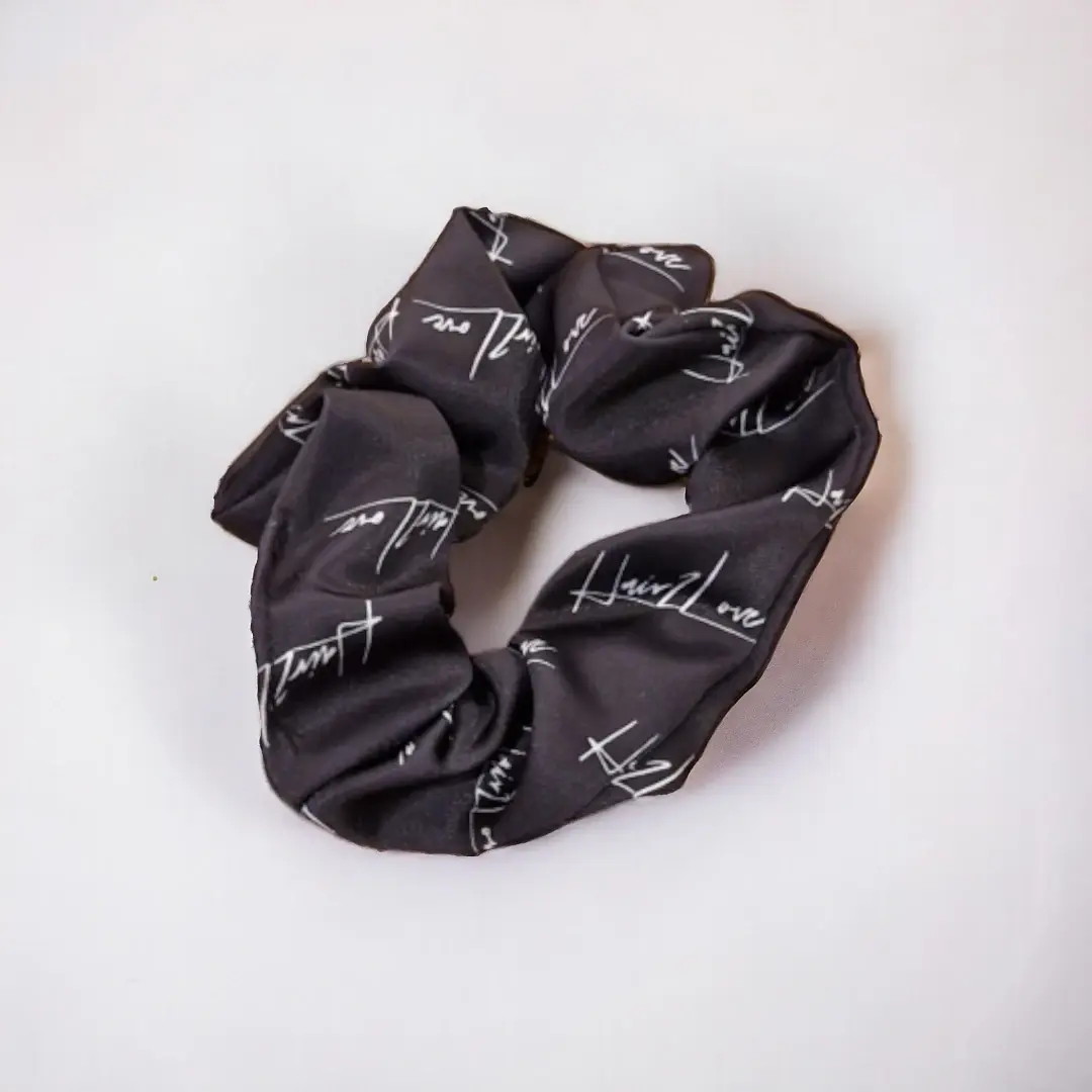 Satin Scrunchie in Black with Hair2Love Logo